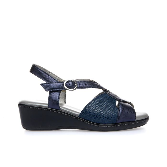 Sandali comfort blu in pelle con zeppa