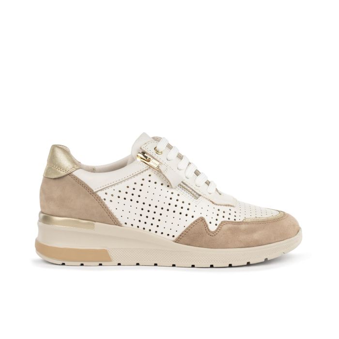 Sneakers beige e bianche slip-on traforate in pelle con zip e zeppina
