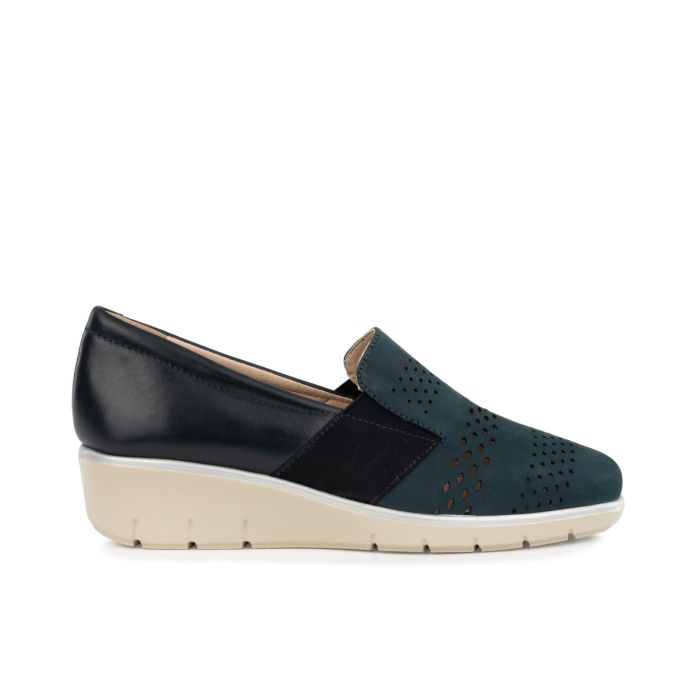 Mocassini comfort blu in pelle con zeppina