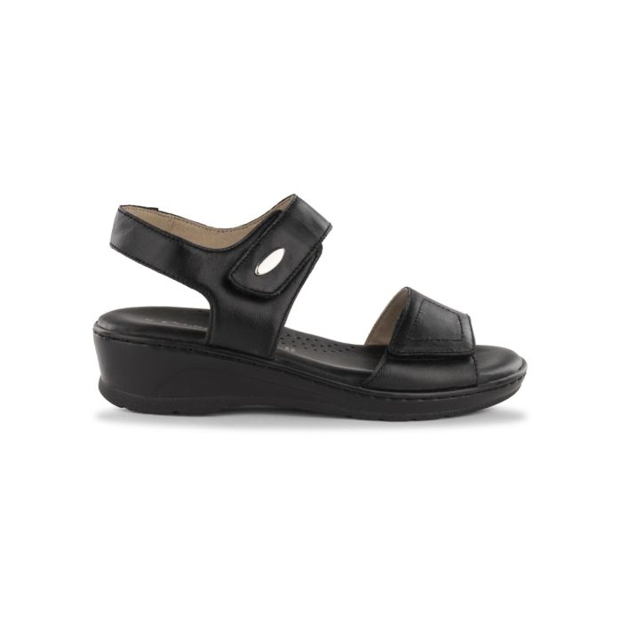 Sandali comfort neri da donna in pelle con zeppa e inserto metallico Casual Comfort