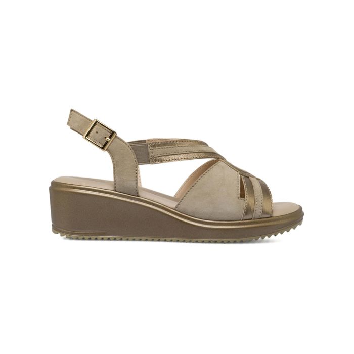 Sandali comfort da donna in morbida pelle beige e oro con zeppa Casual Comfort