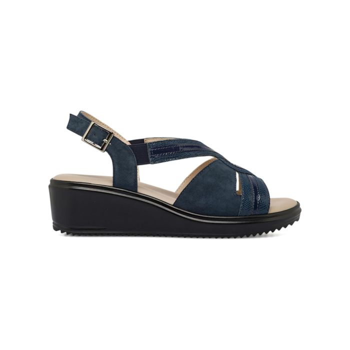 Sandali comfort blu da donna in pelle effetto pitonato con zeppa Casual Comfort