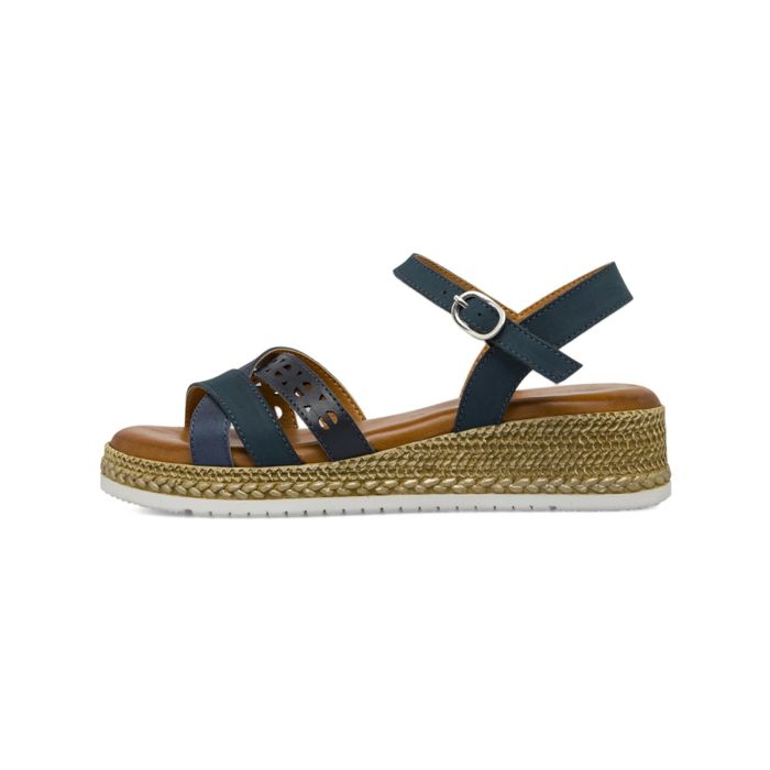 Sandali con zeppa da donna in pelle blu petrolio con motivi traforati Marinaseval
