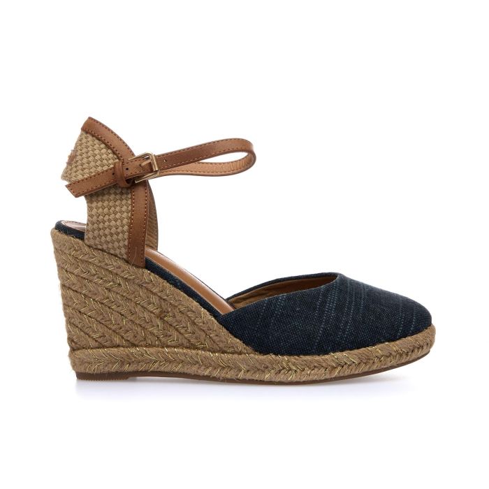 Sandali blu con zeppa modello campesina con cinturino