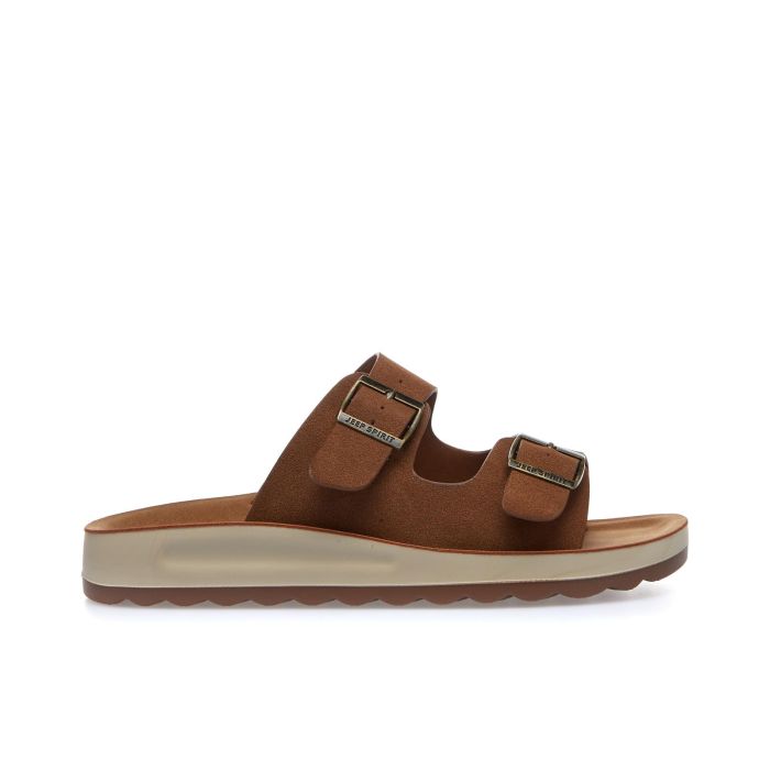 Sandali marroni bassi in pelle con doppia fibbia