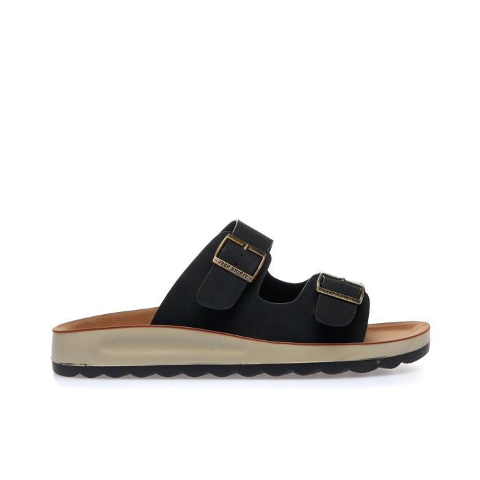 Sandali neri bassi in pelle con doppia fibbia