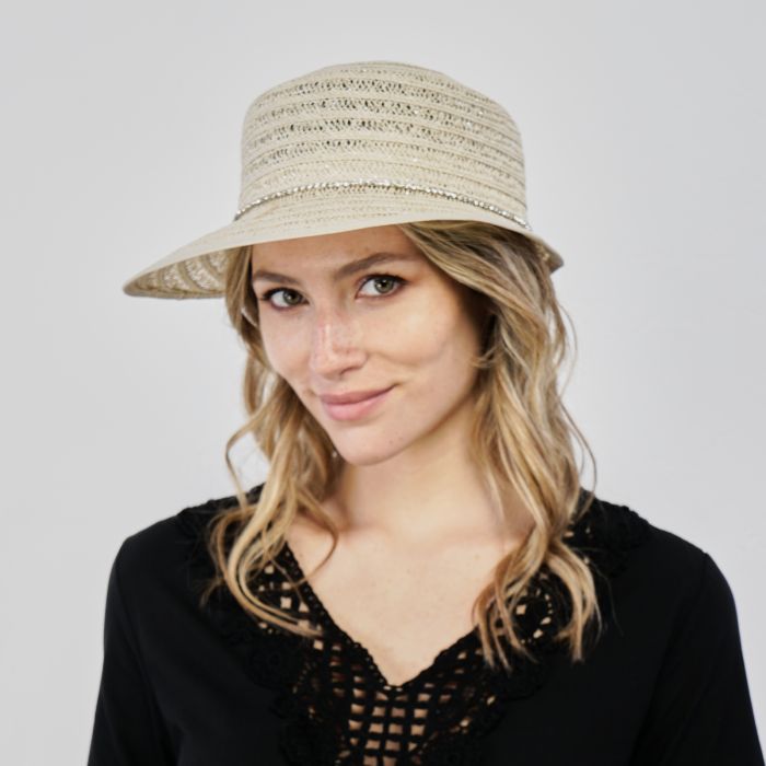 Cappello beige da mare effetto paglia con strass