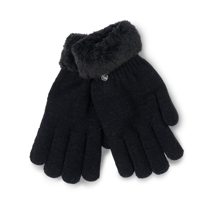 Guanti neri da donna in tessuto glitterato con polsini in peluche