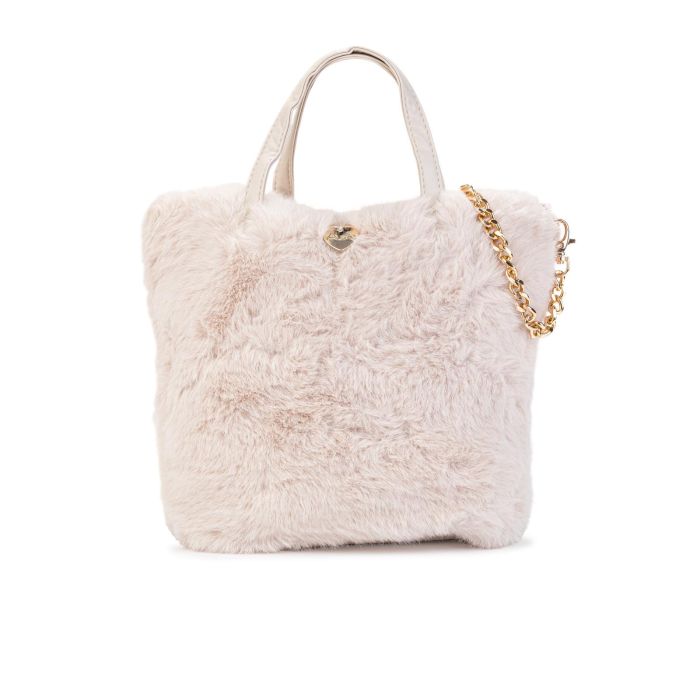 Borsa a mano rosa in peluche con tracolla removibile in catena