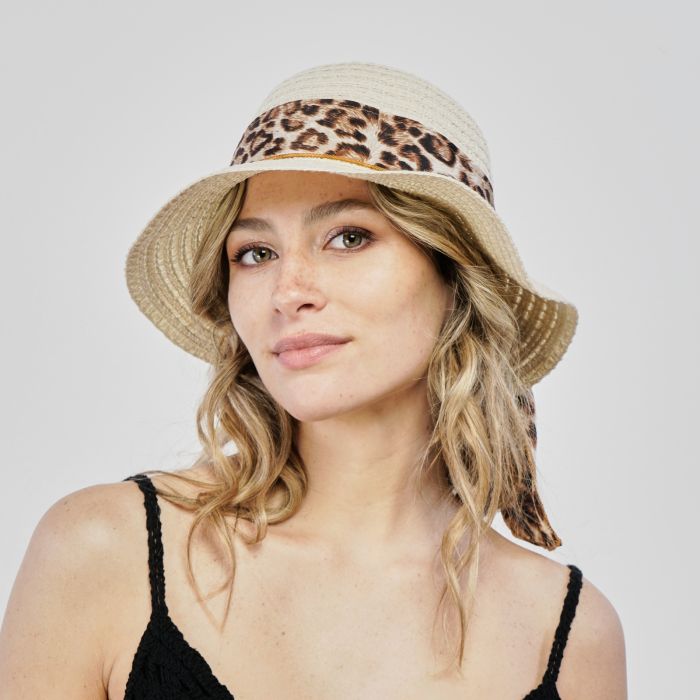 Cappello beige da mare effetto paglia con dettaglio animalier