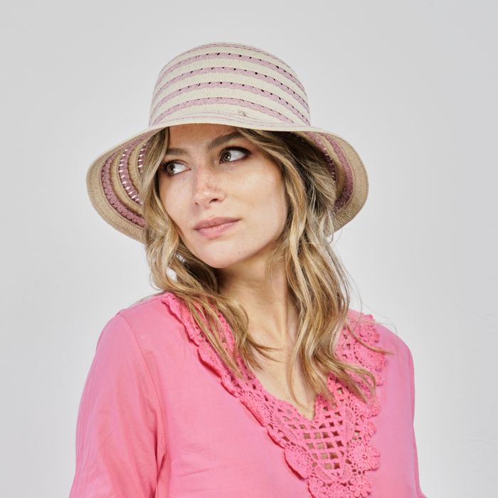 Cappello beige e rosa da mare effetto paglia