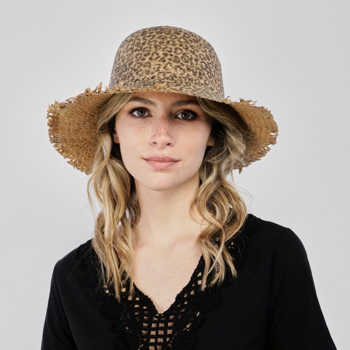 Cappello marrone da mare effetto paglia stampa animalier