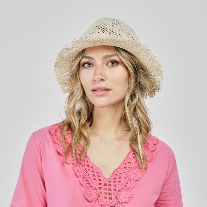 Cappello beige da mare effetto paglia con dettaglio perline