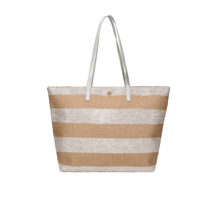 Shopper beige e argento da mare fantasia a righe