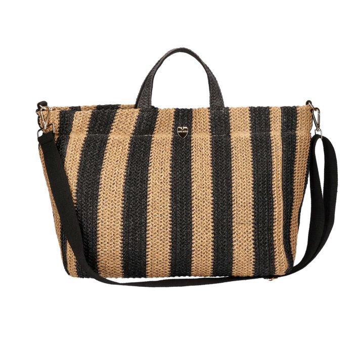 Shopper beige e nera da mare in simil paglia con tracolla regolabile