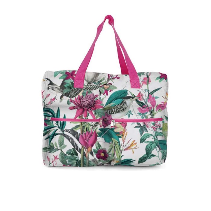 Shopper bianca da mare con fantasia floreale e tasche con zip