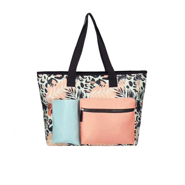 Shopper nera e rosa da mare con stampa floreale e tasche