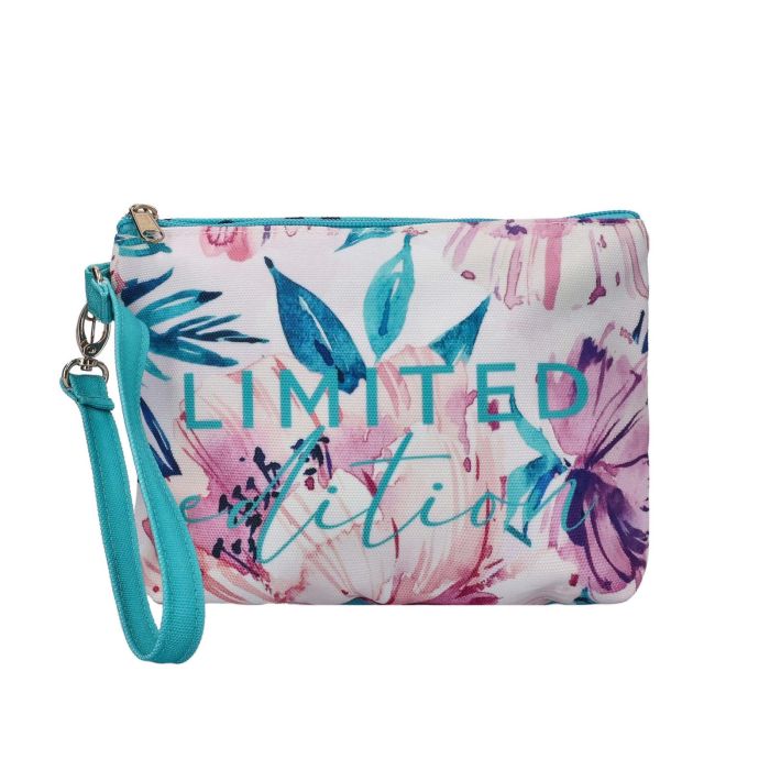 Pochette da mare azzurra e rosa in tessuto con stampa floreale