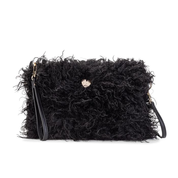 Borsa nera in peluche con tracolla removibile e laccetto