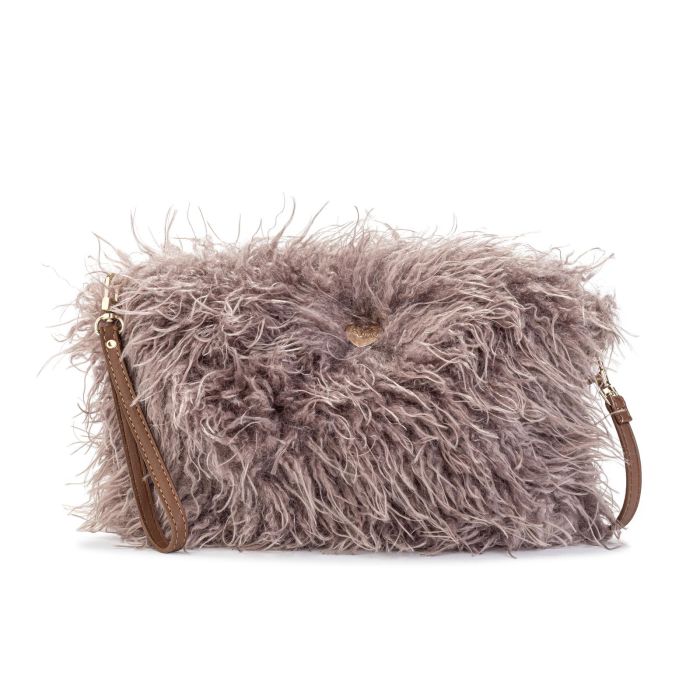 Borsa beige in peluche con tracolla removibile e laccetto