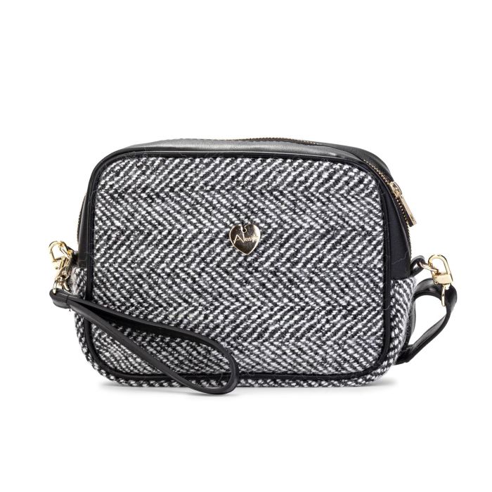 Borsa nera in tessuto fantasia spigata con tracolla e laccetto