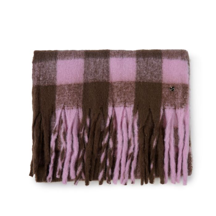 Maxi sciarpa marrone e rosa fantasia check con frange