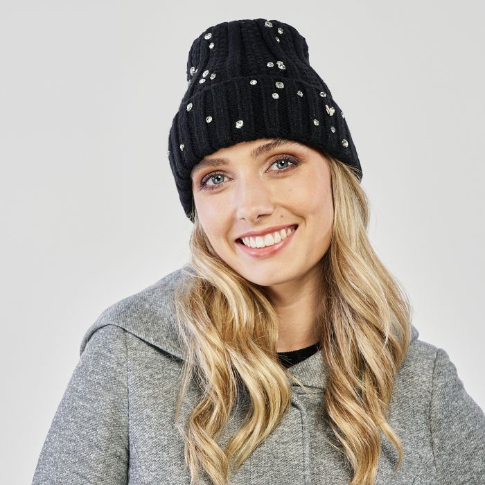 Cuffia nera con maxi strass e risvolto