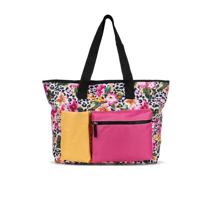 Shopper mare fucsia e nera da donna in stampa floreale con tasche