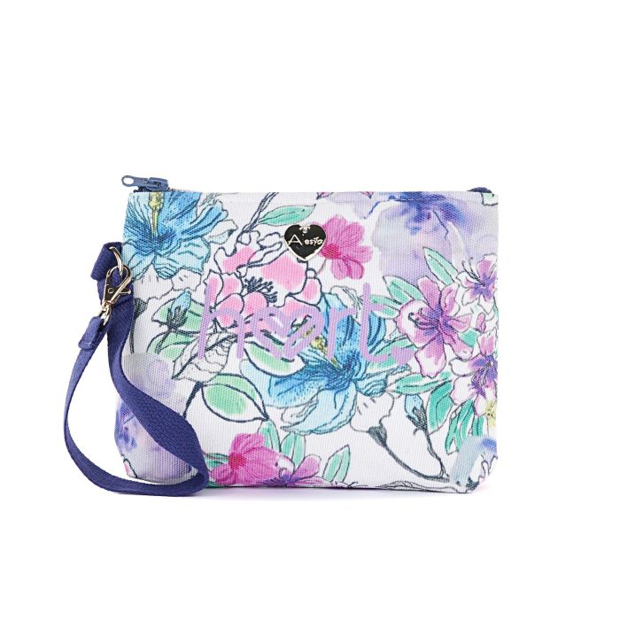 Pochette mare azzurra da donna in tessuto stampa floreale con zip