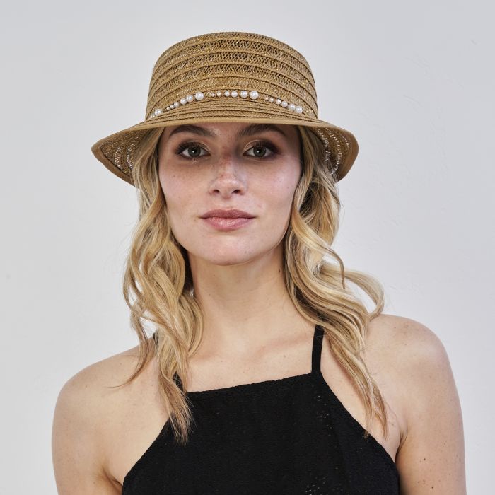 Cappello marrone da mare da donna in paglia con perle