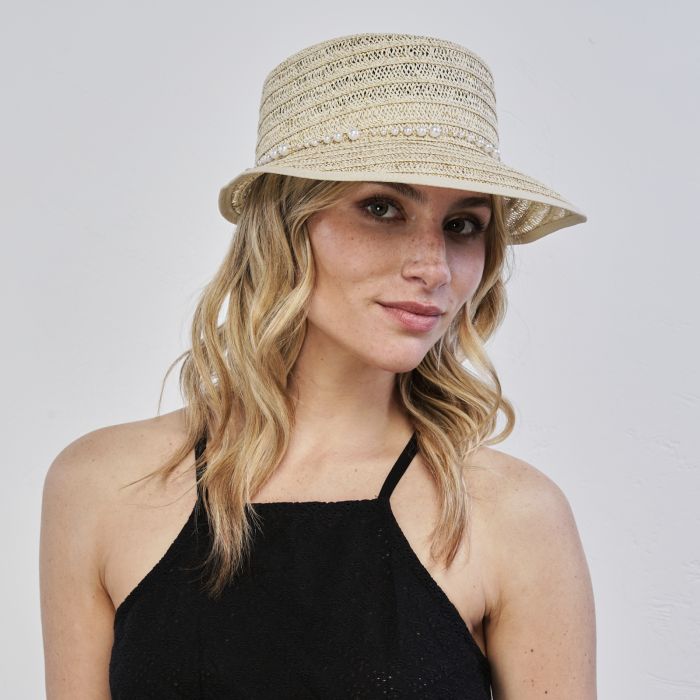 Cappello beige da mare da donna in paglia con perle