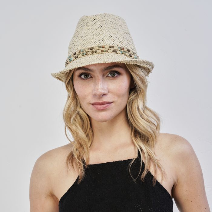 Cappello beige donna da mare in paglia con dettaglio perline