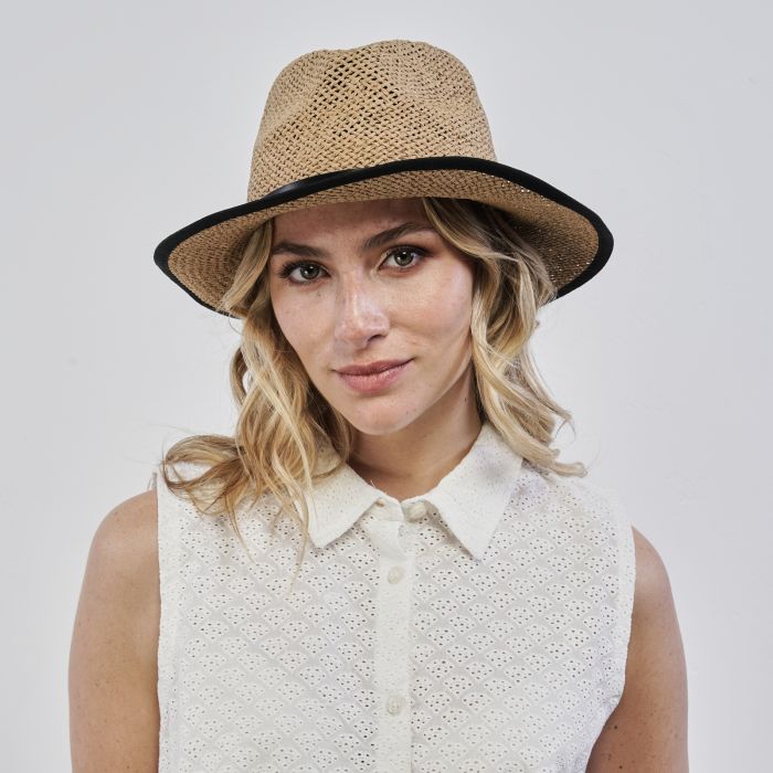 Cappello beige donna da mare con bordo a contrasto