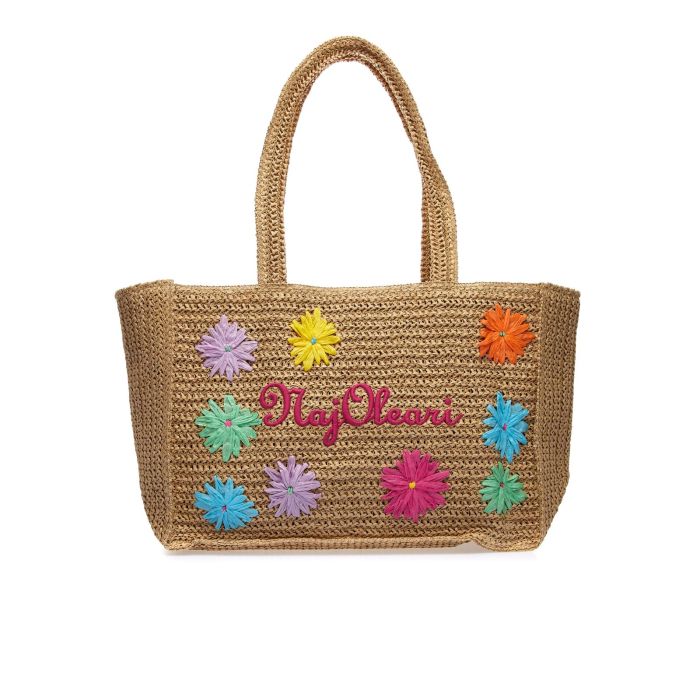 Shopper grande marrone da mare effetto intrecciato con ricami
