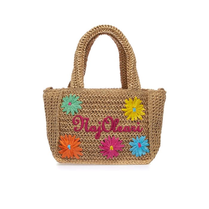 Borsetta piccola marrone da mare effetto intrecciato con ricami