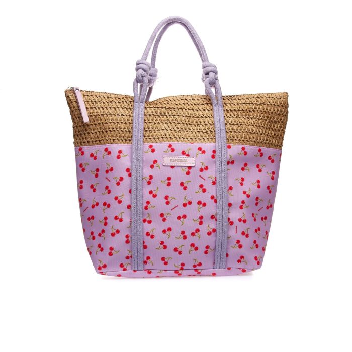 Shopper viola da mare con stampa colorata e manici in corda
