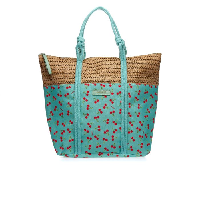 Shopper verde da mare con stampa colorata e manici in corda