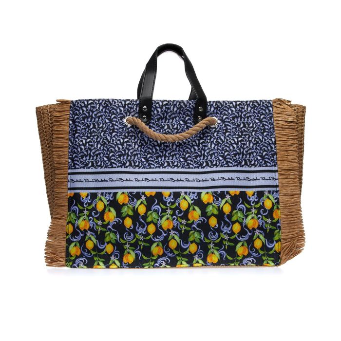 Shopper marrone e blu da mare con inserto in tessuto