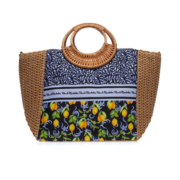 Borsa marrone da mare con manico circolare e inserto in tessuto