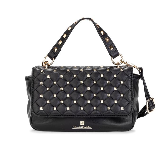 Borsetta nera a mano effetto trapuntato con borchie e tracolla removibile