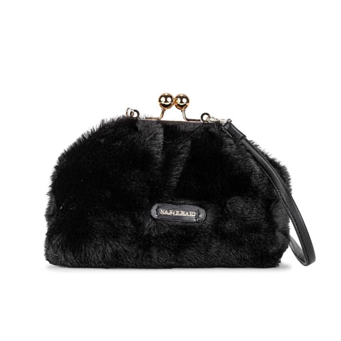 Pochette nera in peluche con tracollina removibile