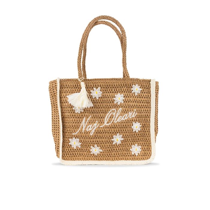Shopper donna da mare beige in paglia con logo e fiori