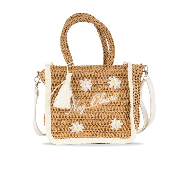 Mini shopper donna da mare beige in paglia con logo e fiori