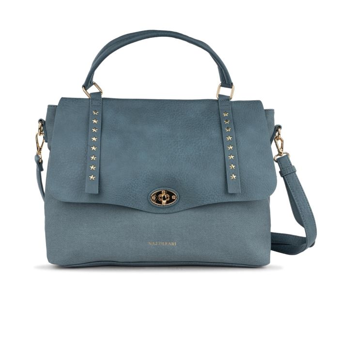 Borsa azzurra grande da donna con tracolla removibile e dettaglio borchie a stelline