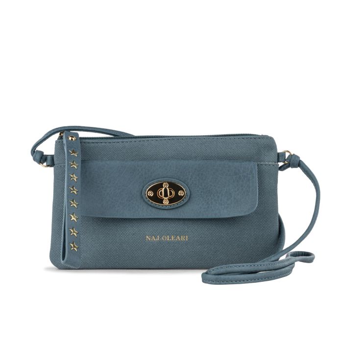 Borsa azzurra da donna con tracolla e dettaglio borchie a stelline