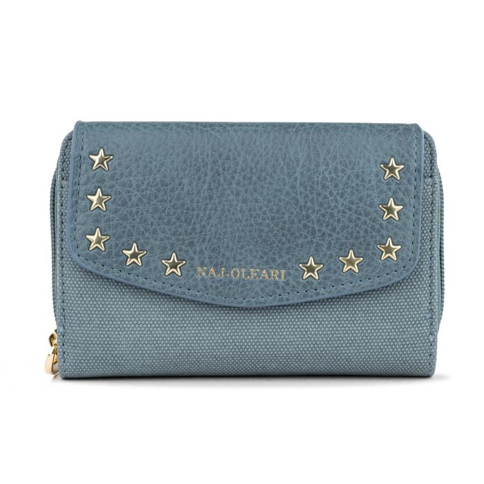 Portafoglio azzurro da donna con logo e dettaglio borchie a stelline