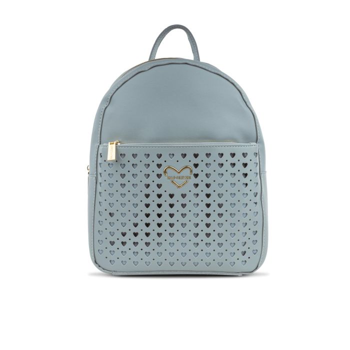 Zaino azzurro da donna con tasca frontale dettaglio cuori traforati