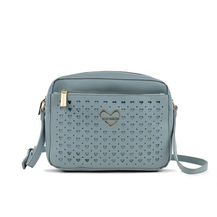 Borsa azzurra da donna con tracolla e tasca frontale con dettaglio cuori traforati