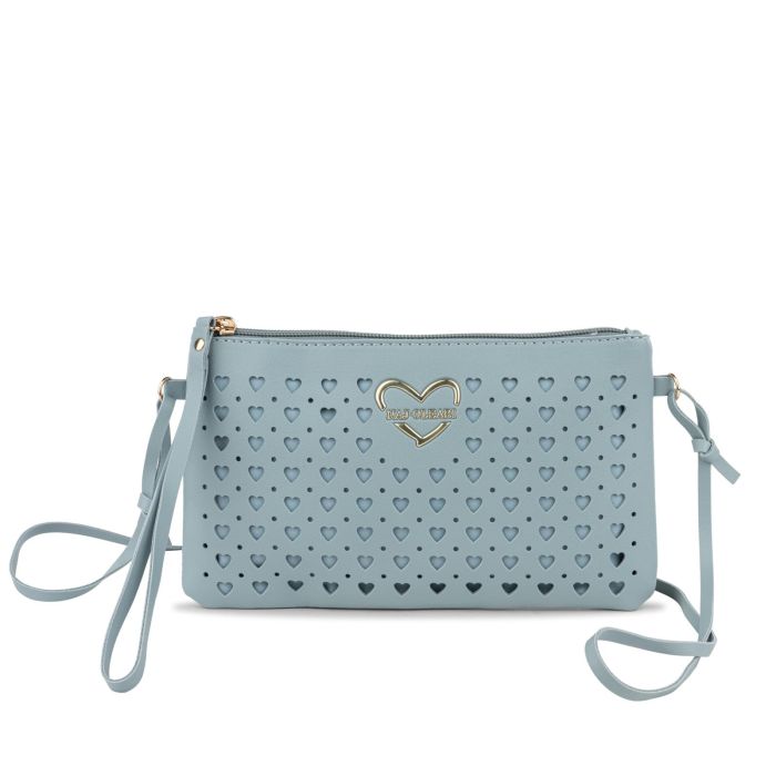 Borsetta azzurra da donna con tracolla e dettaglio cuori traforati