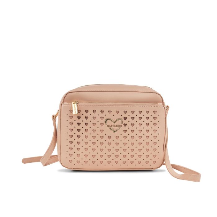Borsa rosa da donna con tracolla e tasca frontale con dettaglio cuori traforati